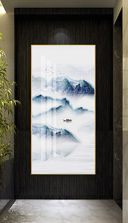 水墨画风景玄关玄关|新中式山水画水墨风景国画写意玄关背景墙玄关画