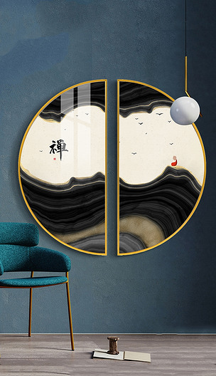 新中式禅意抽象客厅装饰画金色线条圆形挂画