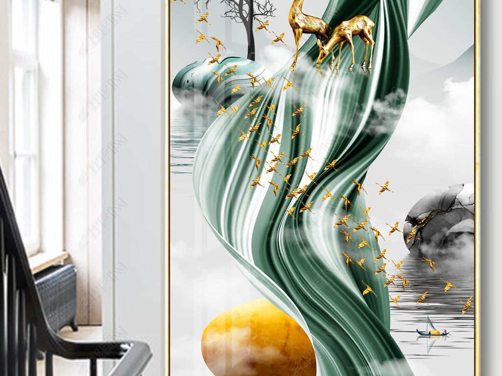 线条山水风景发财树一路高升玄关装饰画