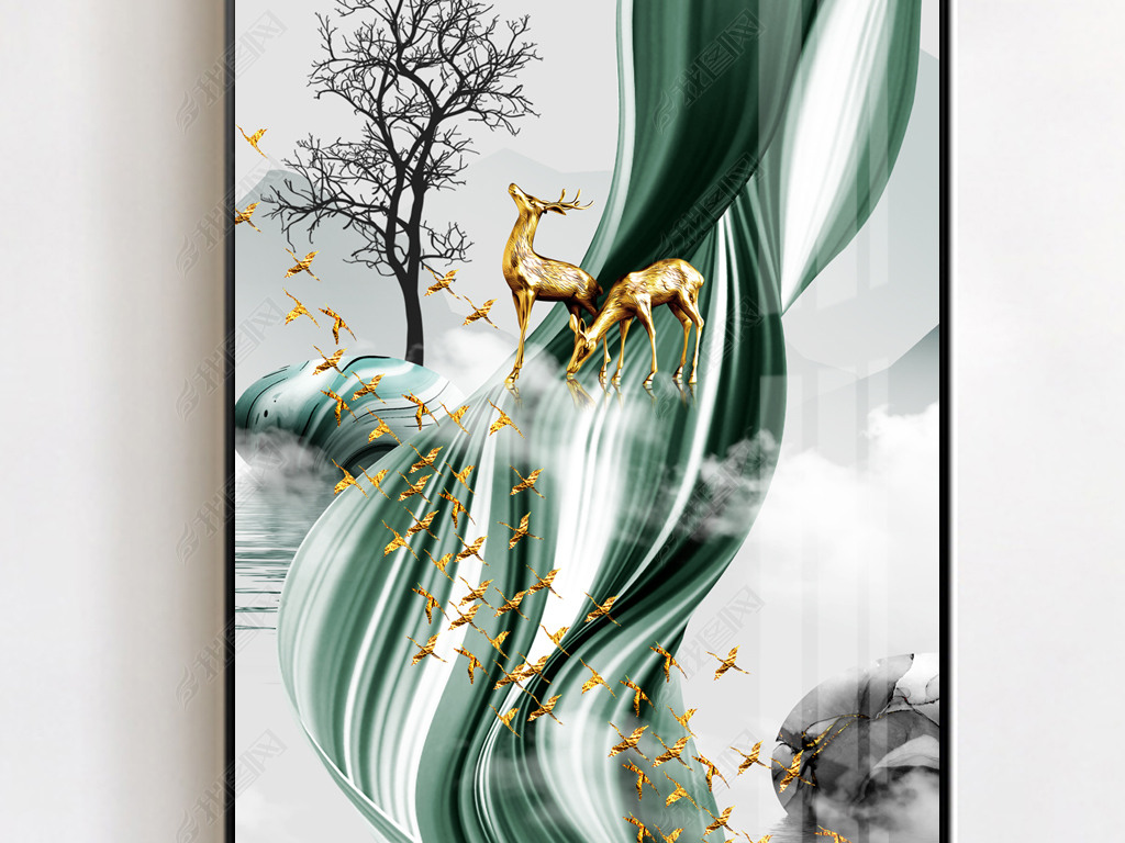 线条山水风景发财树一路高升玄关装饰画