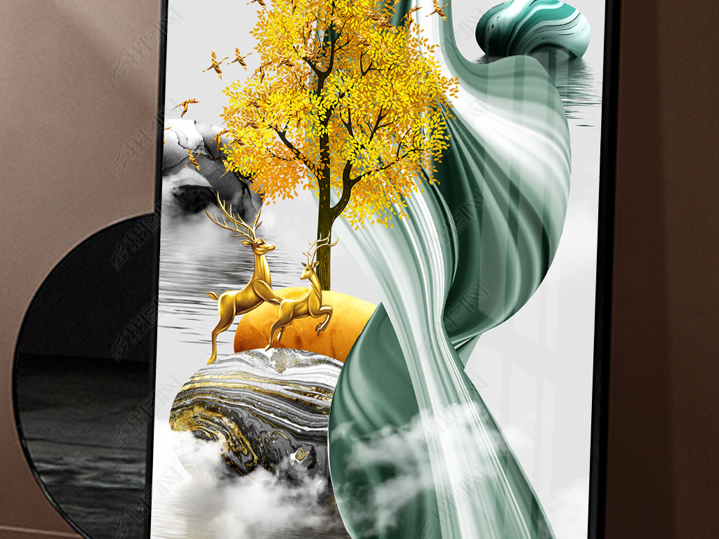 线条山水风景发财树一路高升玄关装饰画