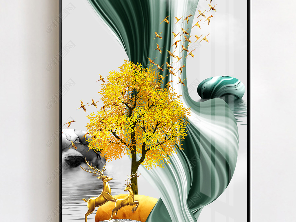 线条山水风景发财树一路高升玄关装饰画