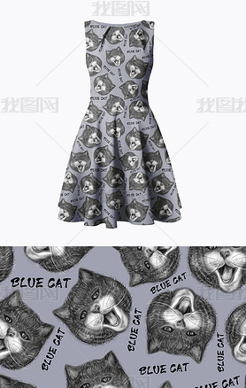 卡通风猫咪四方连续服装图案设计