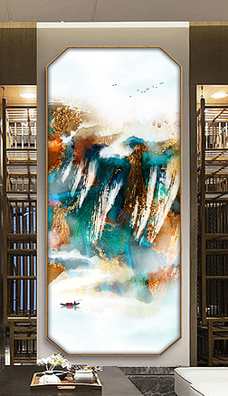 玄关装饰画新中式山水画客厅背景墙壁走廊过道挂画大气轻奢装饰画