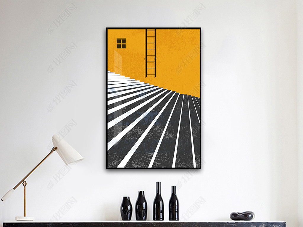 现代简约空间阶梯黄色背影抽象艺术装饰画