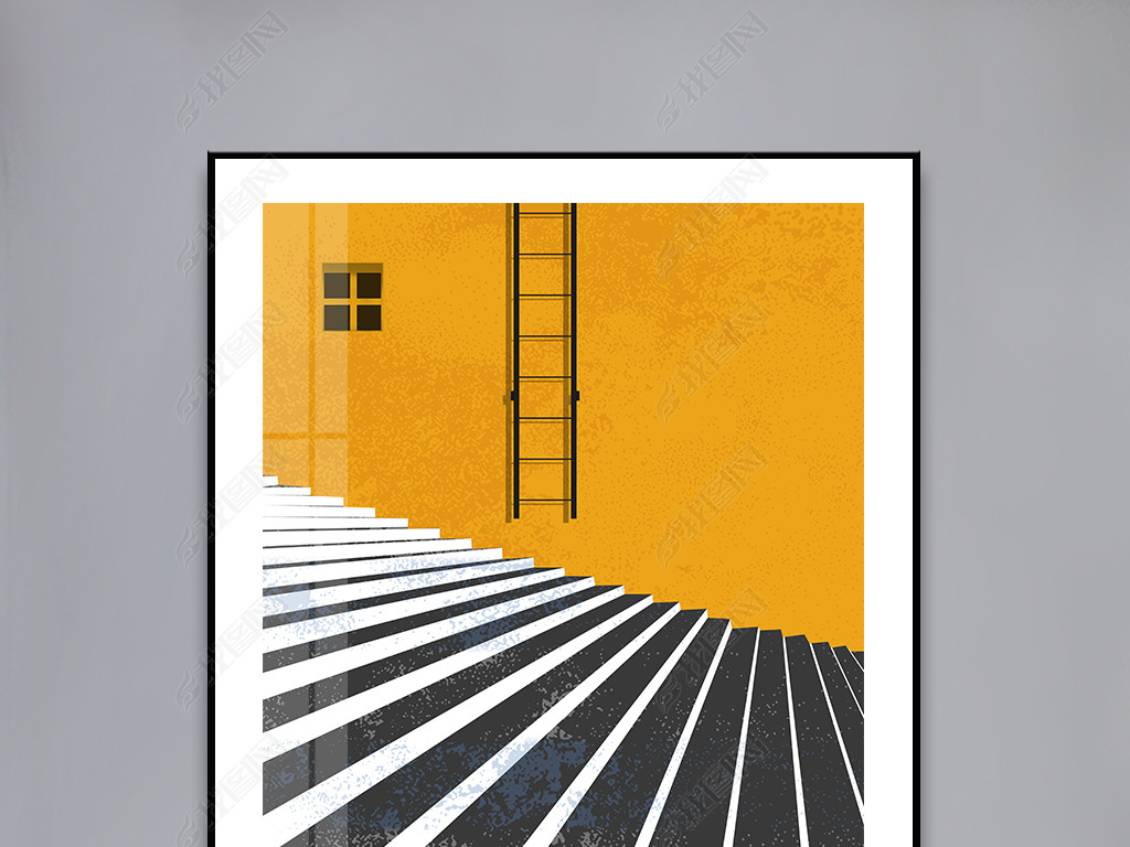 现代简约空间阶梯黄色背影抽象艺术装饰画