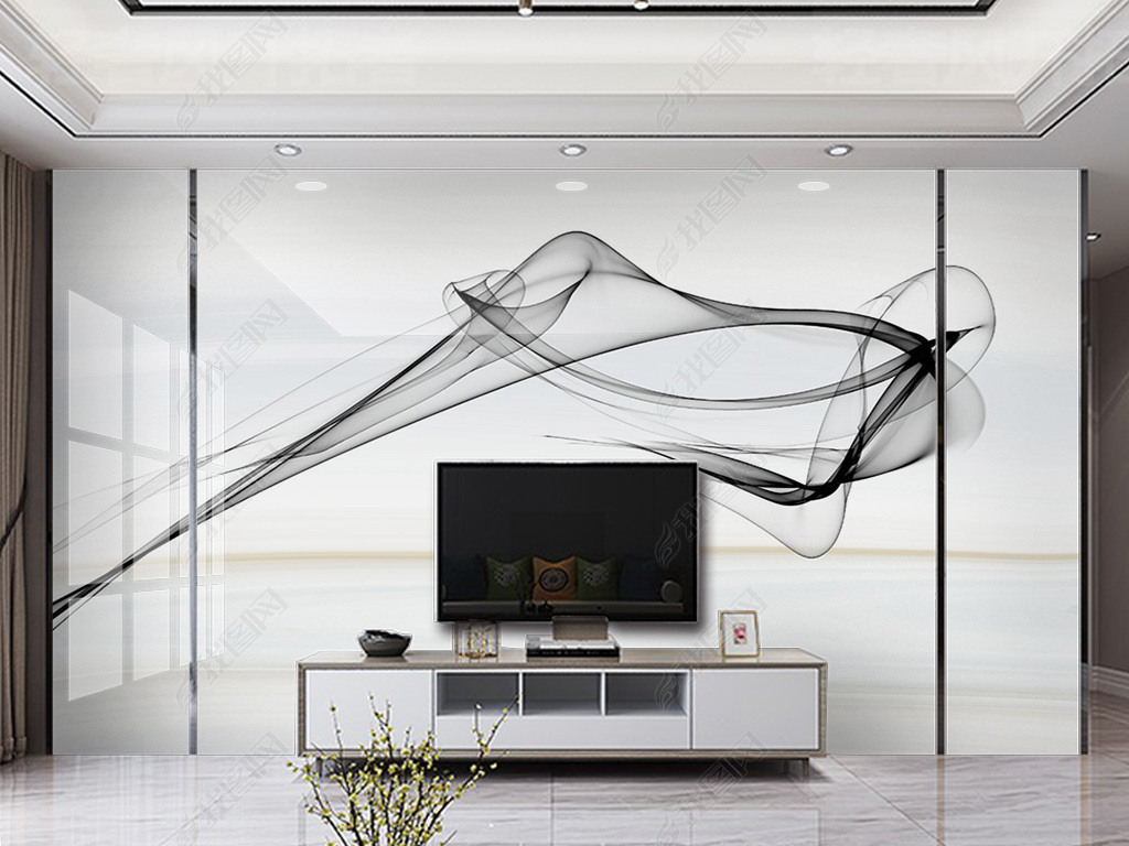 北欧手绘抽象线条烟雾大理石纹爵士白电视背景墙