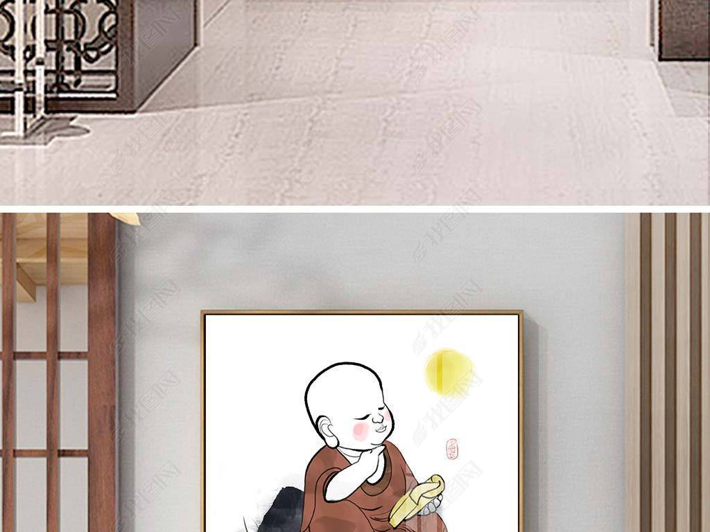 原创原创中式手绘禅意萌萌小沙弥民俗二联组合画版权可商用
