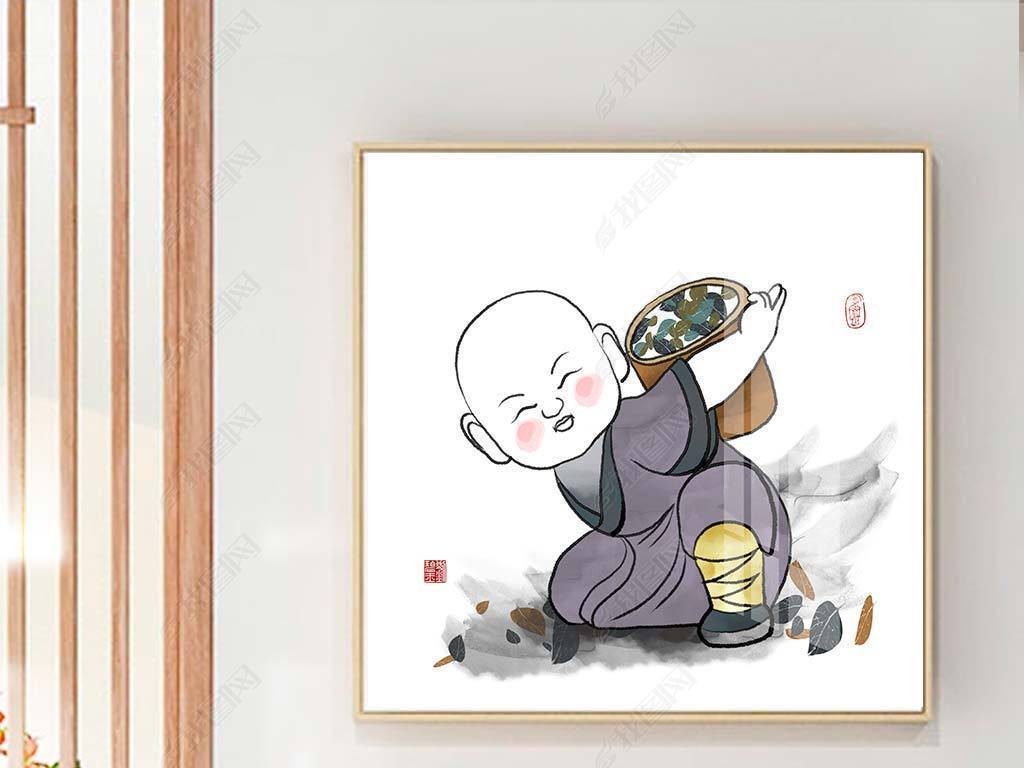 原创原创中式手绘禅意萌萌小沙弥民俗二联组合画版权可商用