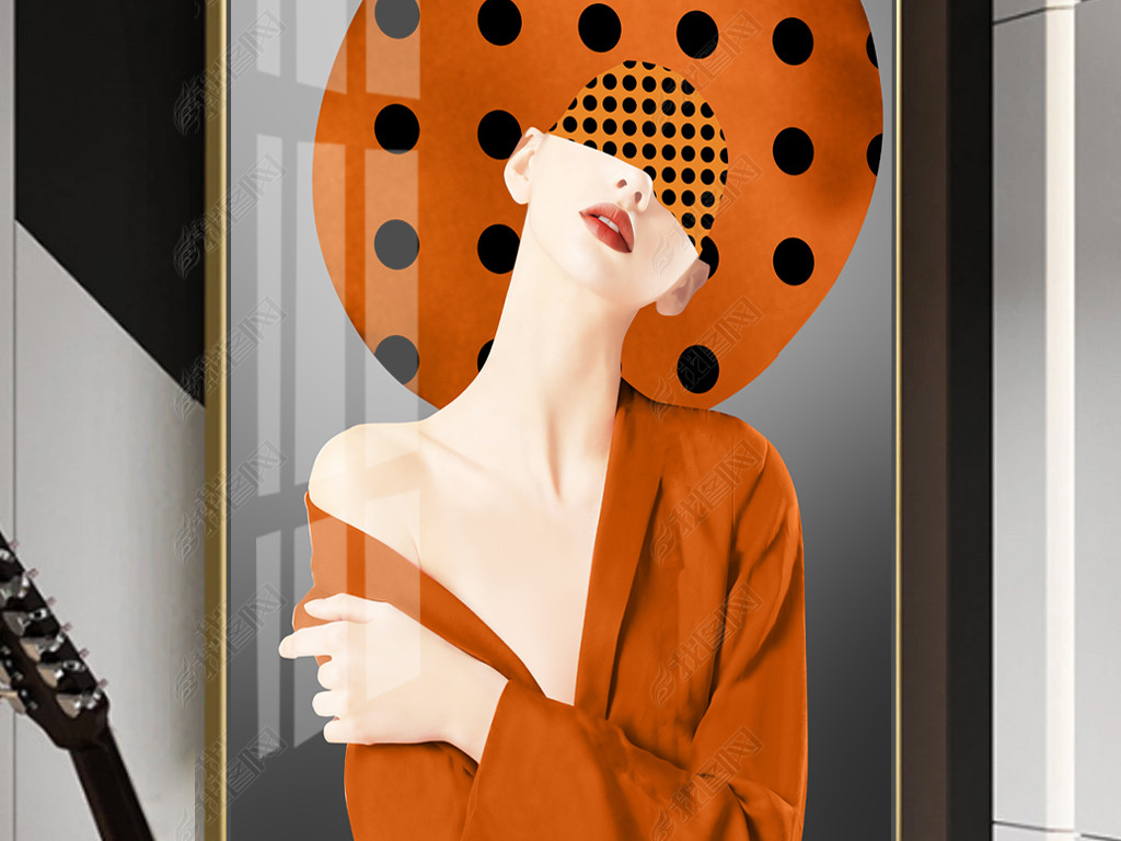 后现代时尚波点爱马仕橙抽象红唇女郎客厅现代轻奢晶瓷画人物装饰画