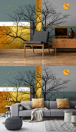现代简约北欧抽象复古轻奢几何大树壁画电视背景墙