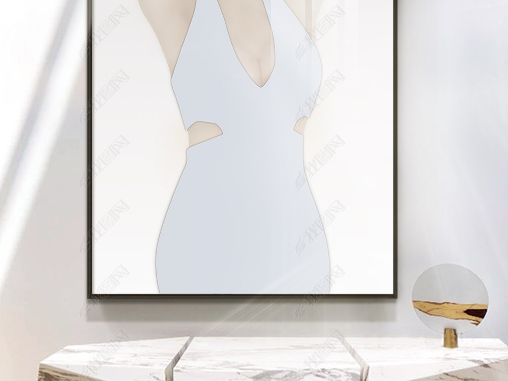 原创手绘美女伸懒腰有沟必火简约玄关装饰画版权可商用