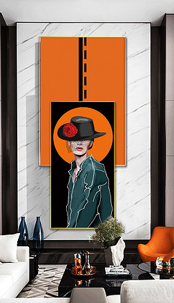 爱马仕玄关装饰人像女人帽子叠拼装饰画