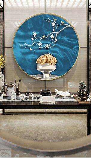 新中式花鸟太湖石意境客厅装饰画晶瓷画