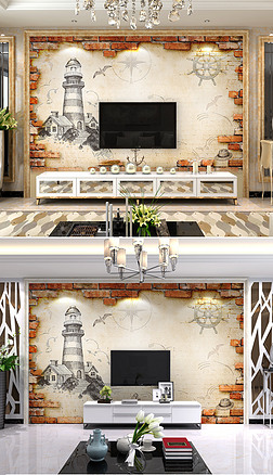 欧式复古砖墙大型壁画电视沙发背景墙