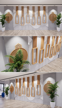 中式古风企业荣誉墙奖杯陈列墙员工文化墙