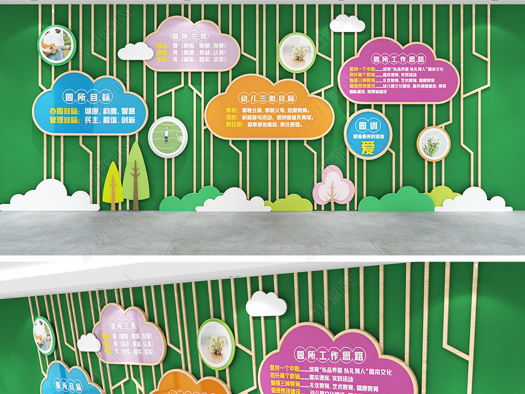 清爽卡通校园幼稚园文化墙班级教室幼儿园作品展示形象墙多彩绿色简介