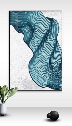 现代抽象山峰波浪飘带曲线层次青蓝色线条颗粒艺术装饰画