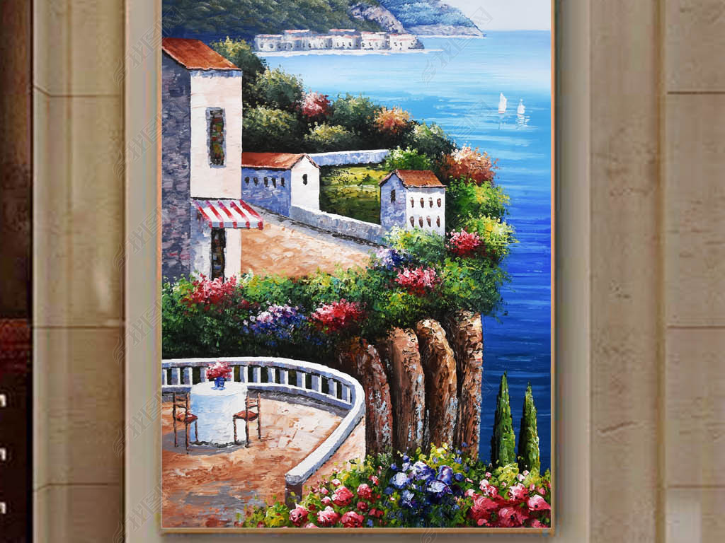高清手绘海景别墅花园油画装饰画