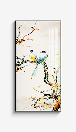 现代轻奢新中式水墨画意境花鸟手绘工笔画玄关画装饰画339