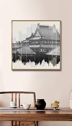 新中式抽象古建筑屋檐水墨晕染剪影拼凑艺术装饰画
