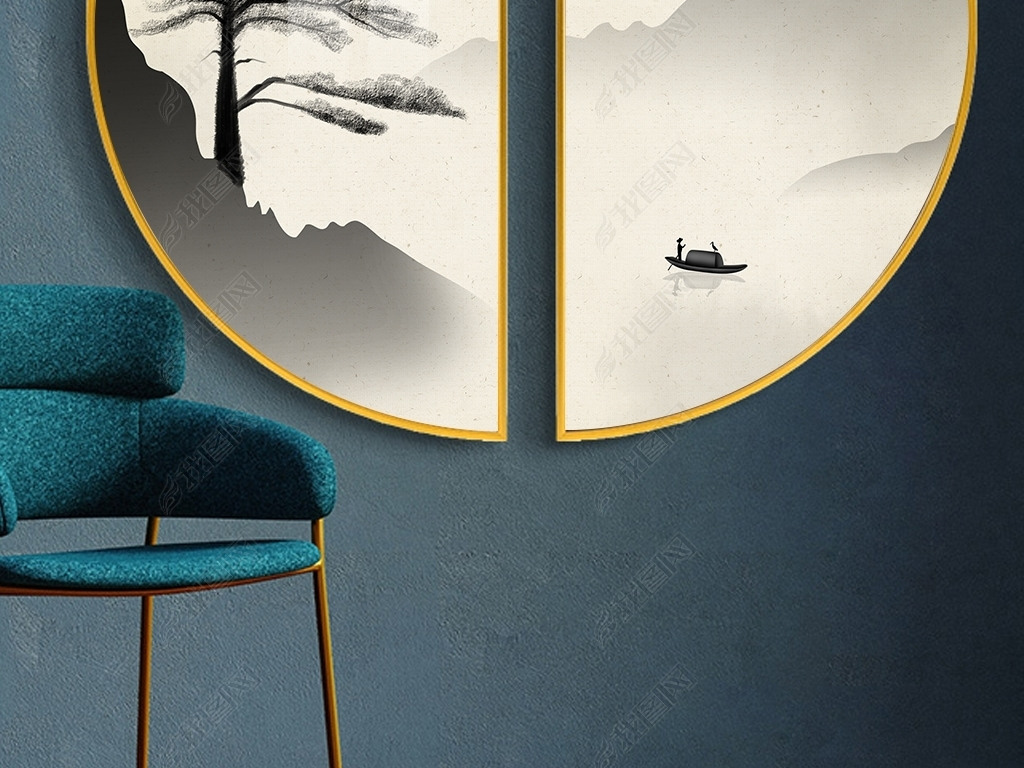 原创新中式水墨山水意境装饰画客厅圆形挂画-版权可商用
