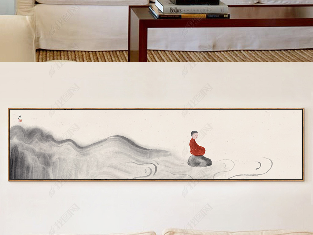 原创纯手绘水墨山水禅意小沙弥新中式水墨装饰画版权可商用