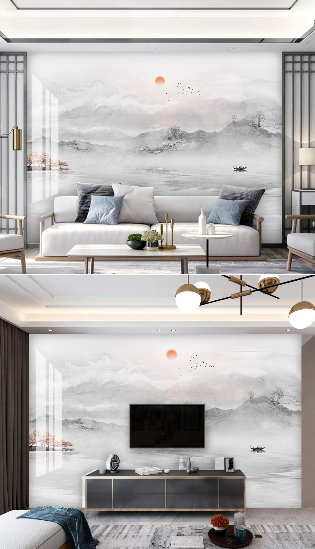 新中式大理石意境山水微晶石电视背景墙下载-编号23877021-中式电视背