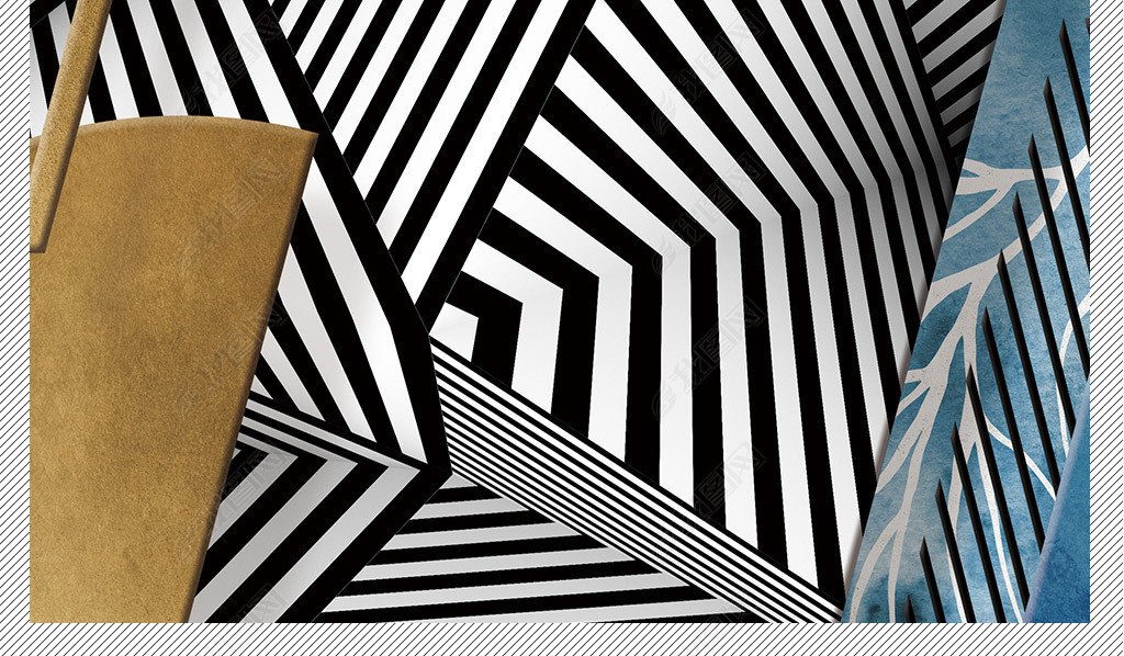 后现代金箔蓝色半圆几何抽象线条轻奢装饰画