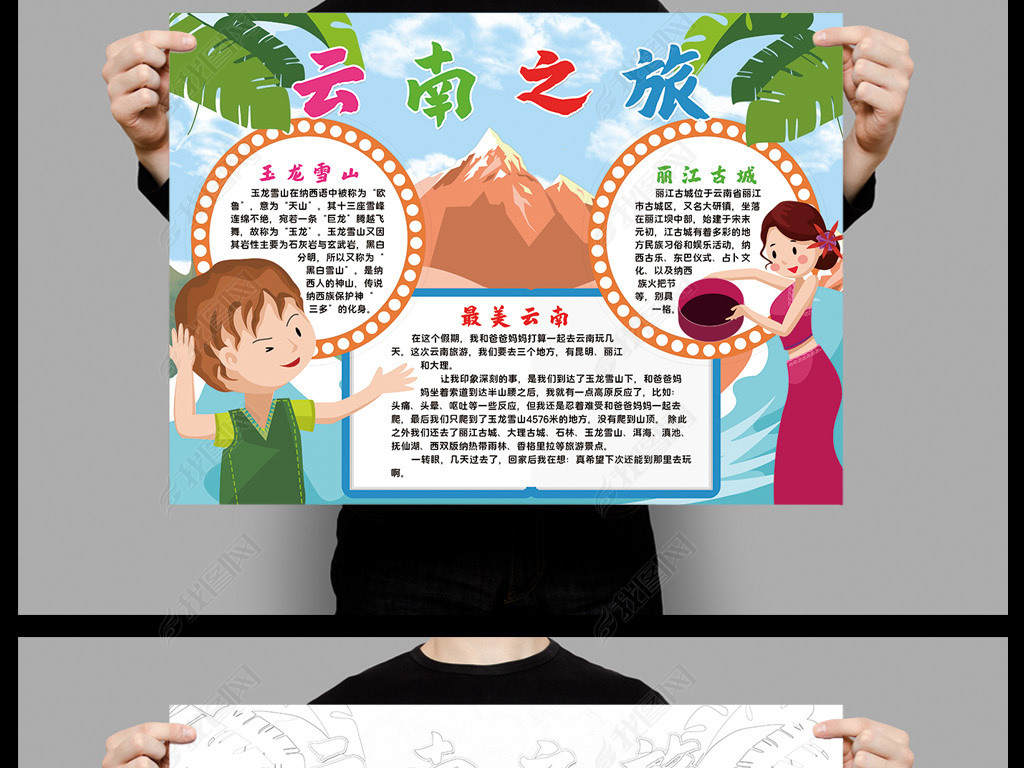 原创云南之旅小报模板家乡城市地理假期旅游线描手抄报素材版权可商用