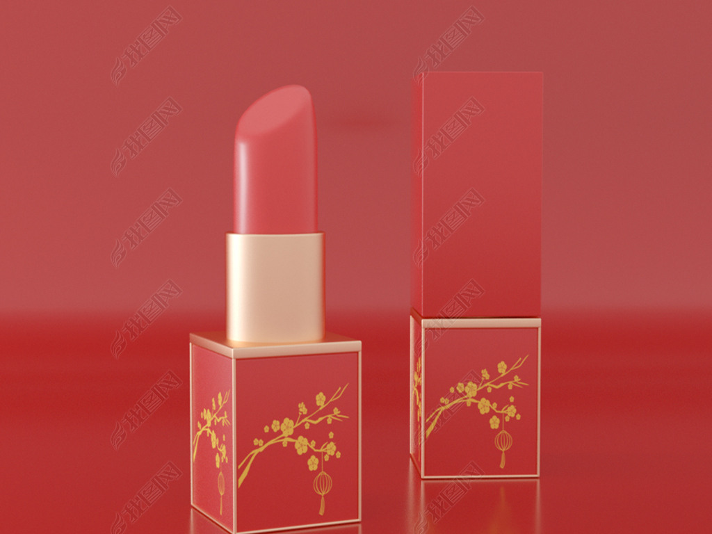 红色中国古典风化妆品口红电商产品渲染设计