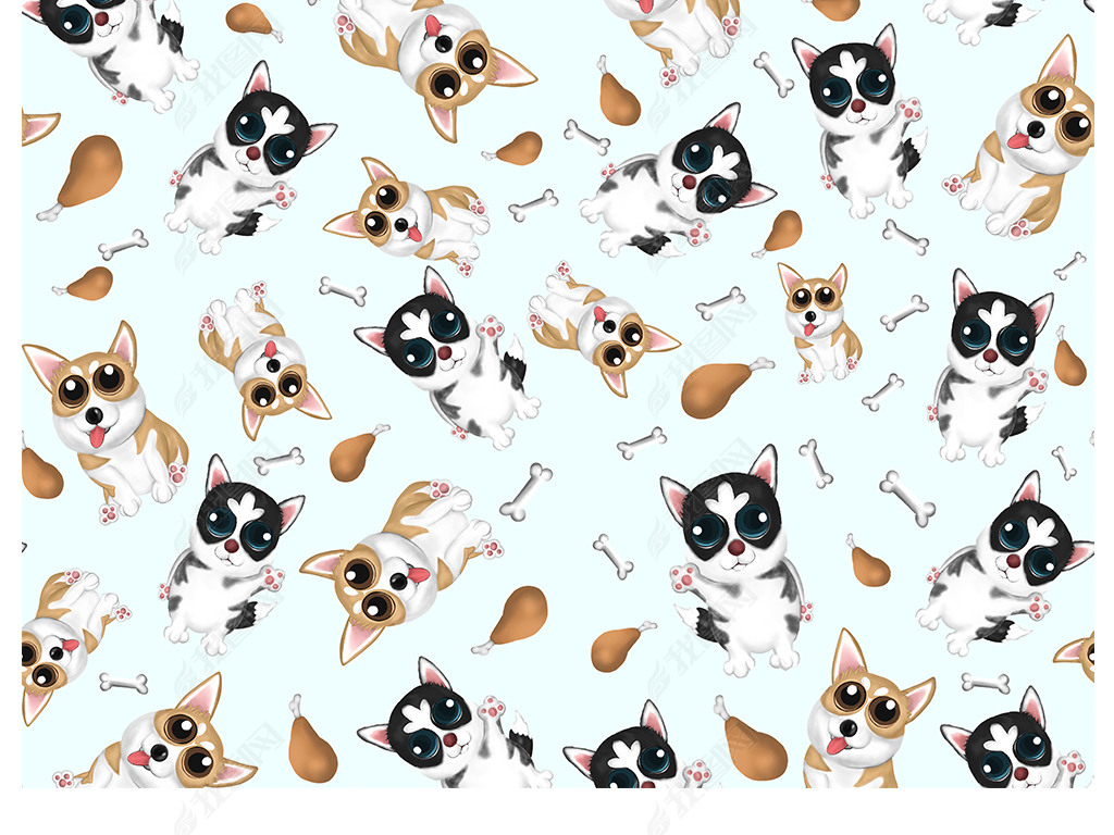 北欧ins风手绘可爱狗狗小动物四方连续窗帘家居图案