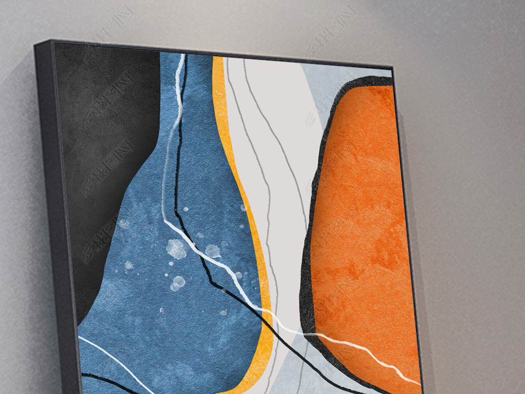 原创现代简约抽象几何色块橙案金色线条轻奢装饰画版权可商用