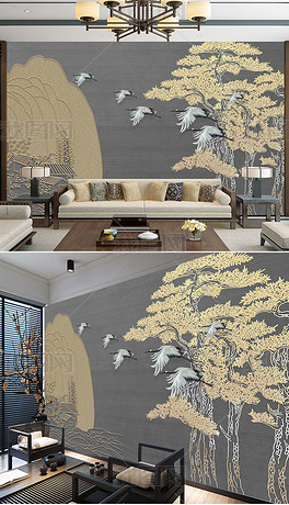 新中式手绘仙鹤古建筑迎客松背景墙壁纸客厅卧室背景墙