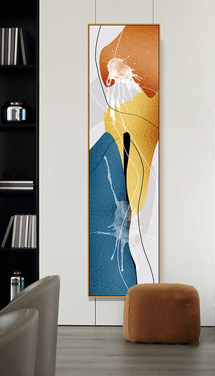 后现代轻奢爱马仕橙色抽象水墨肌理手绘艺术晶瓷竖版长条玄关装饰画