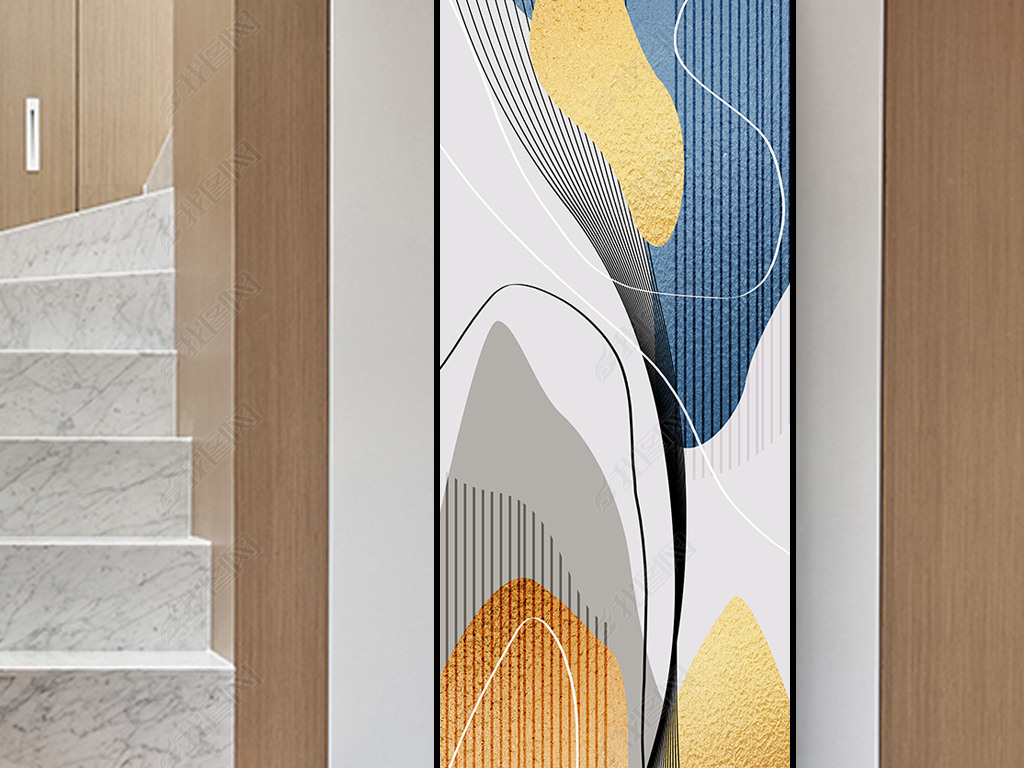 后现代轻奢爱马仕橙色抽象水墨肌理手绘艺术晶瓷竖版长条玄关装饰画