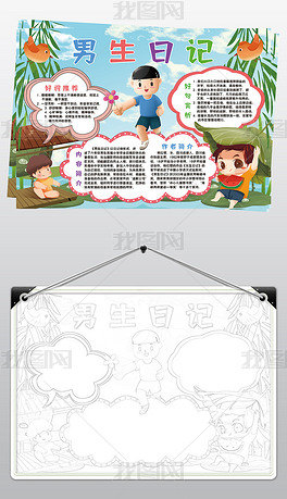 男生日记小报模板文学名著阅读寒暑假读书线描手抄报素材