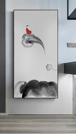 祥云沙弥水墨山水抽象装饰画禅意小沙弥玄关