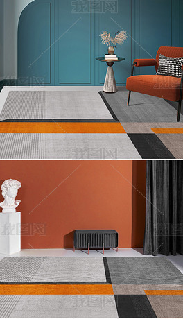 轻奢北欧爱马仕橙现代抽象几何地毯客厅地垫--11