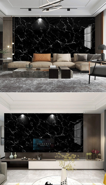 现代简约轻奢黑色大理石岩板电视沙发背景墙
