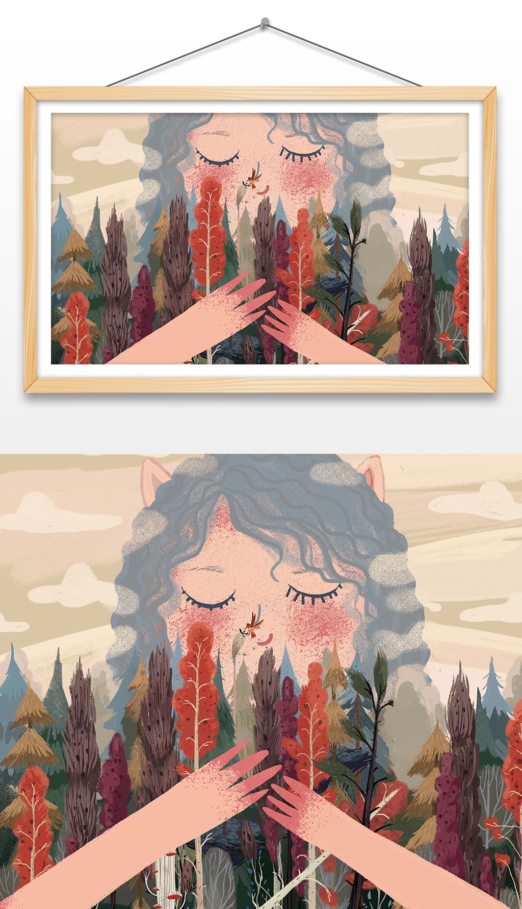 原创童话森林玄幻植物人与自然抽象手绘插画psd