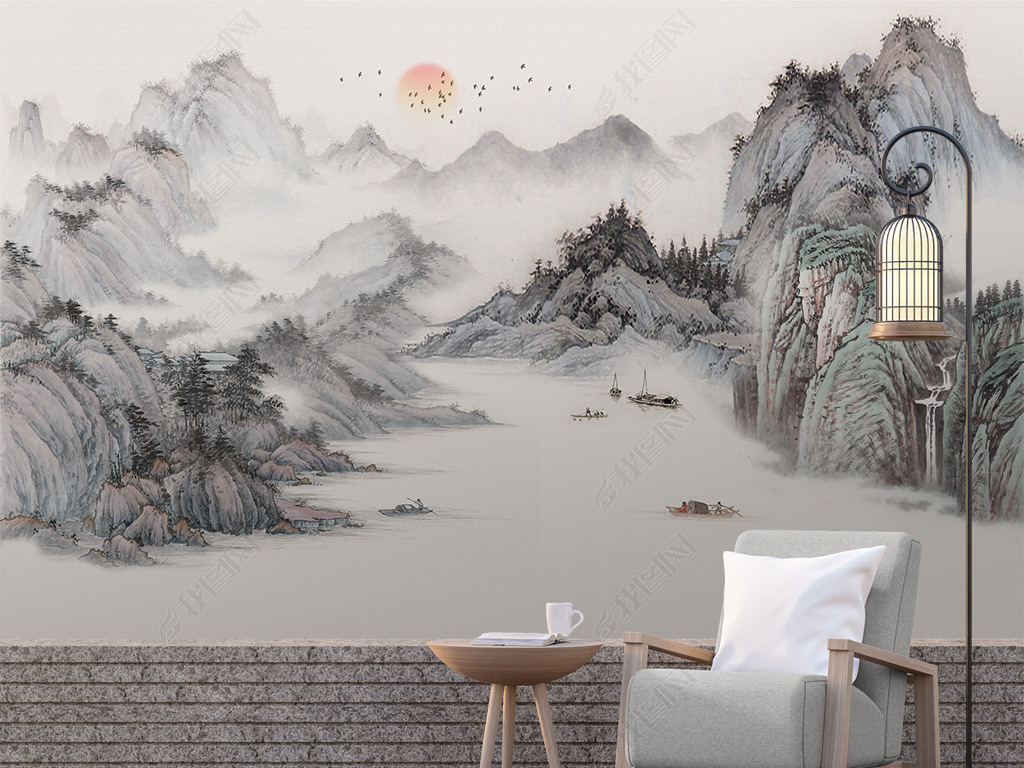 新中式国画山水抽象意境写意画流水生财旭日东升电视背景墙壁画