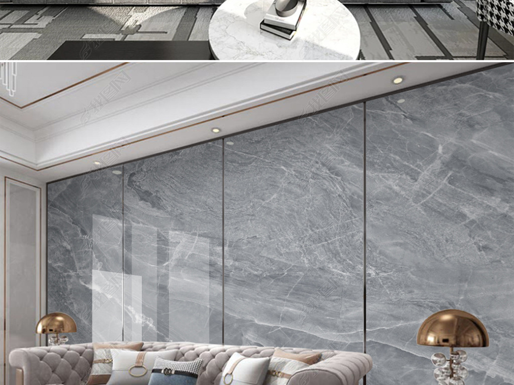 现代轻奢深灰色大理石纹岩板大板沙发背景墙