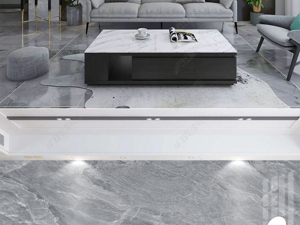 现代轻奢深灰色大理石纹岩板大板沙发背景墙