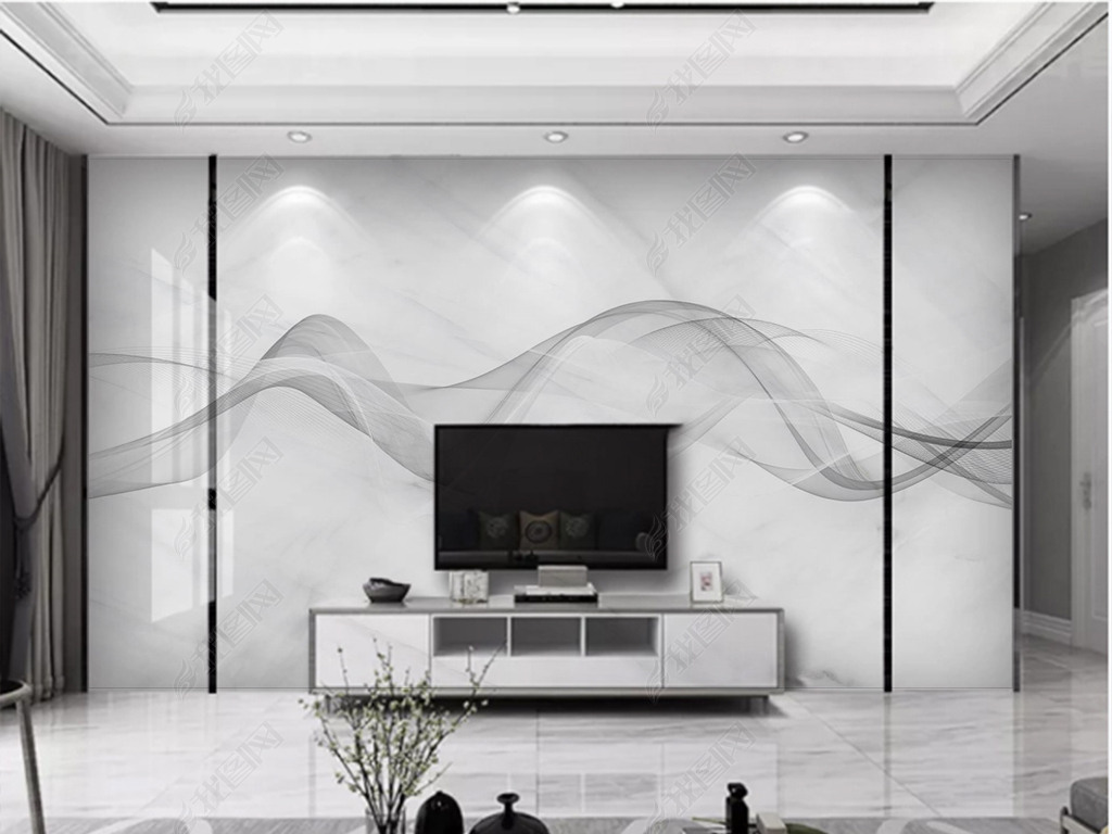 新式抽象线条石纹飘带黑白电视背景墙1下载-编号23931297-现代简约电