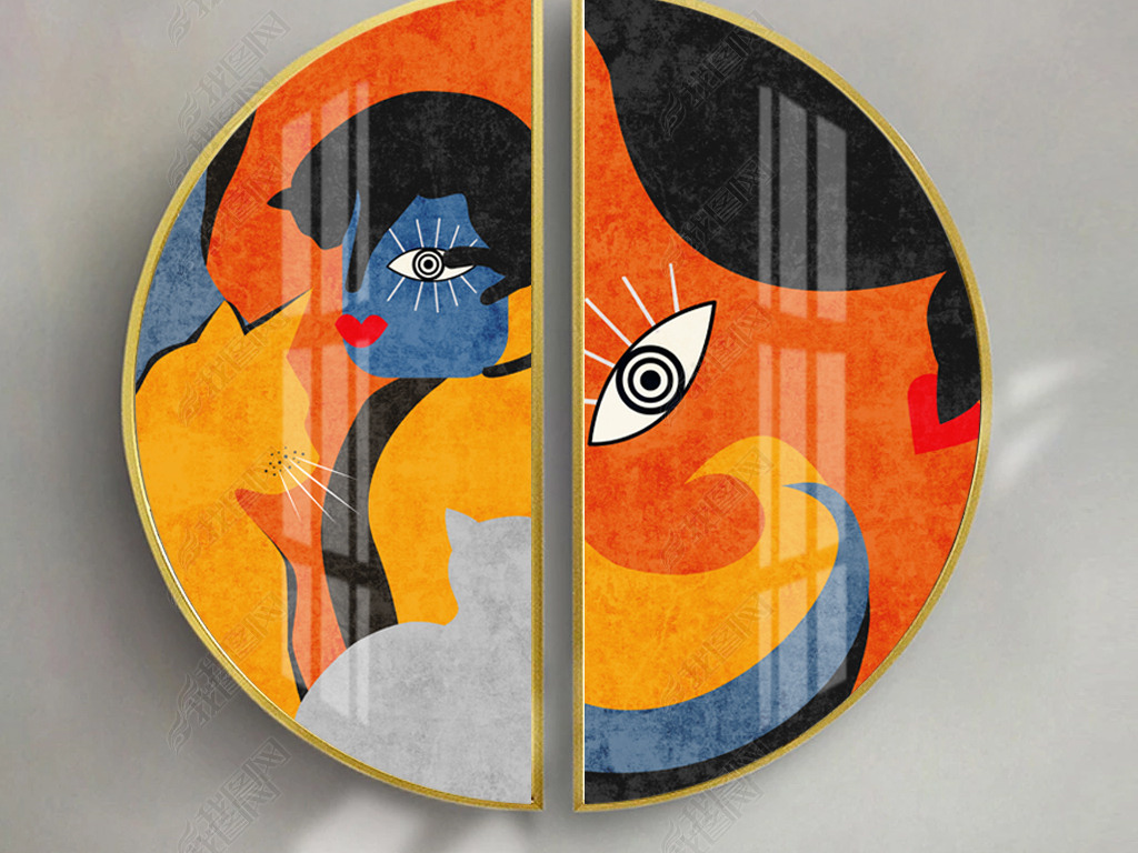 后现代轻奢手绘爱马仕橙抽象人物艺术猫与女人创意圆形组合装饰画2