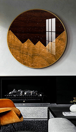 现代简约复古木纹抽象几何圆款装饰画1