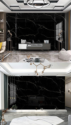 现代轻奢黑色大理石纹岩板电视沙发背景墙