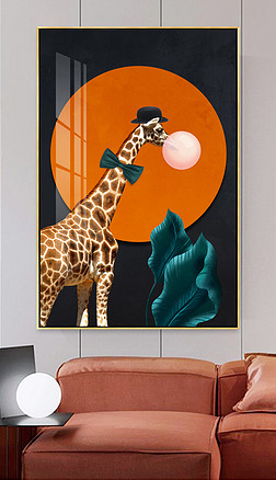 长颈鹿 抽象装饰画|轻奢抽象现代热带叶子趣味动物长颈鹿玄关装饰画