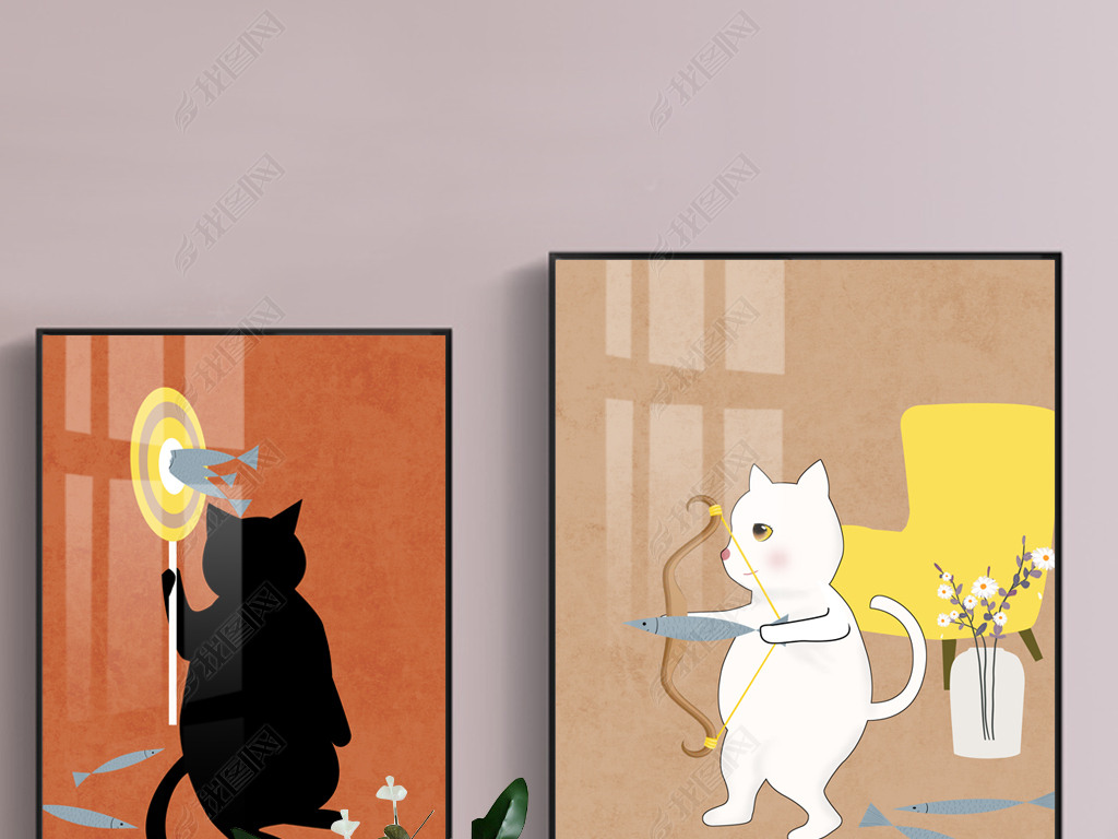 北欧简约创意手绘抽象黑白猫猫客厅餐厅床头情侣装饰画3